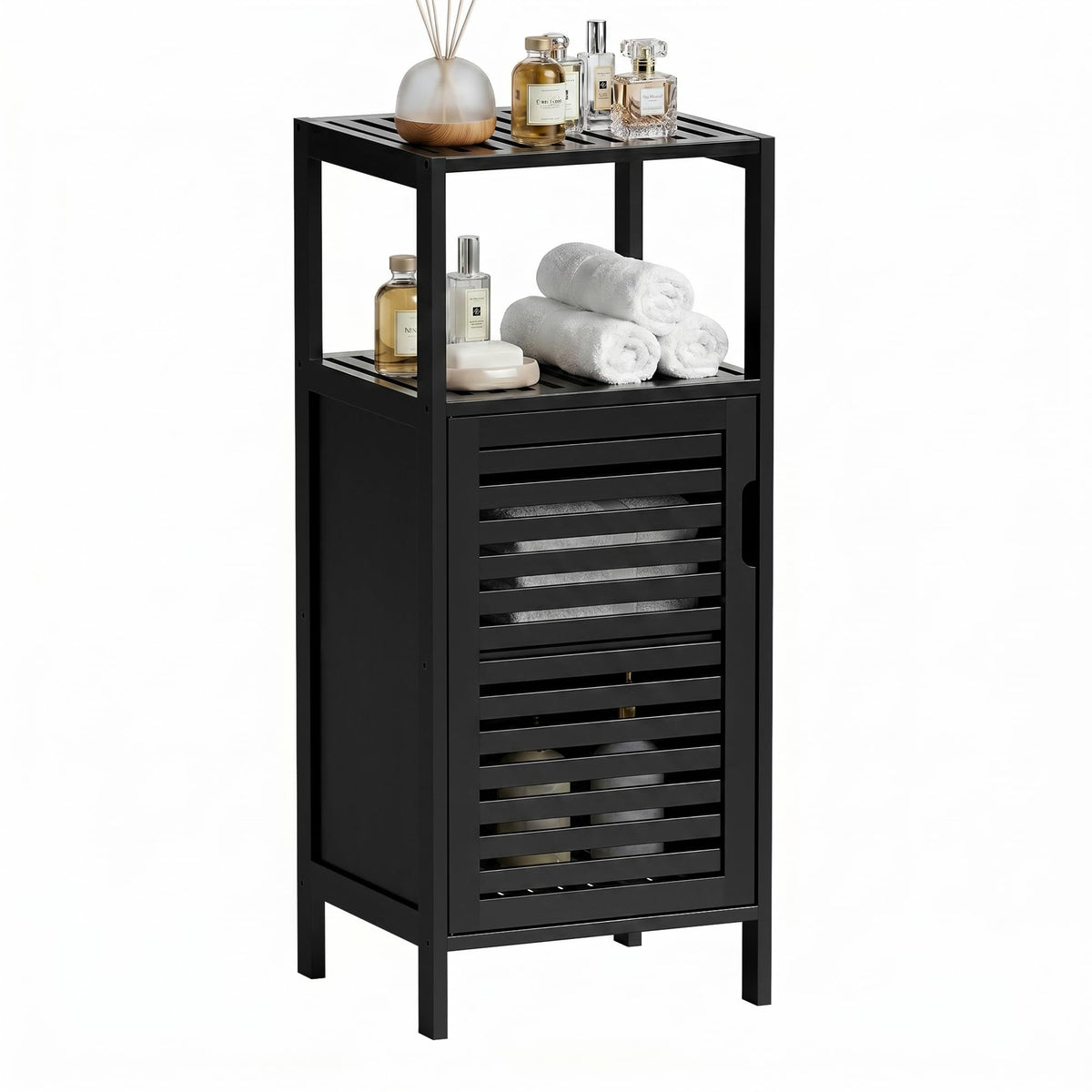 Hitnet bamboo floor cabinet front view highlights slim storage for compact spaces