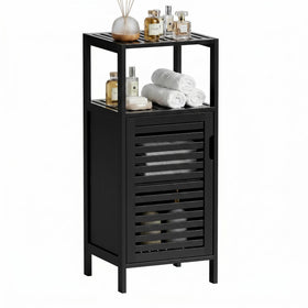 Hitnet bamboo floor cabinet front view highlights slim storage for compact spaces