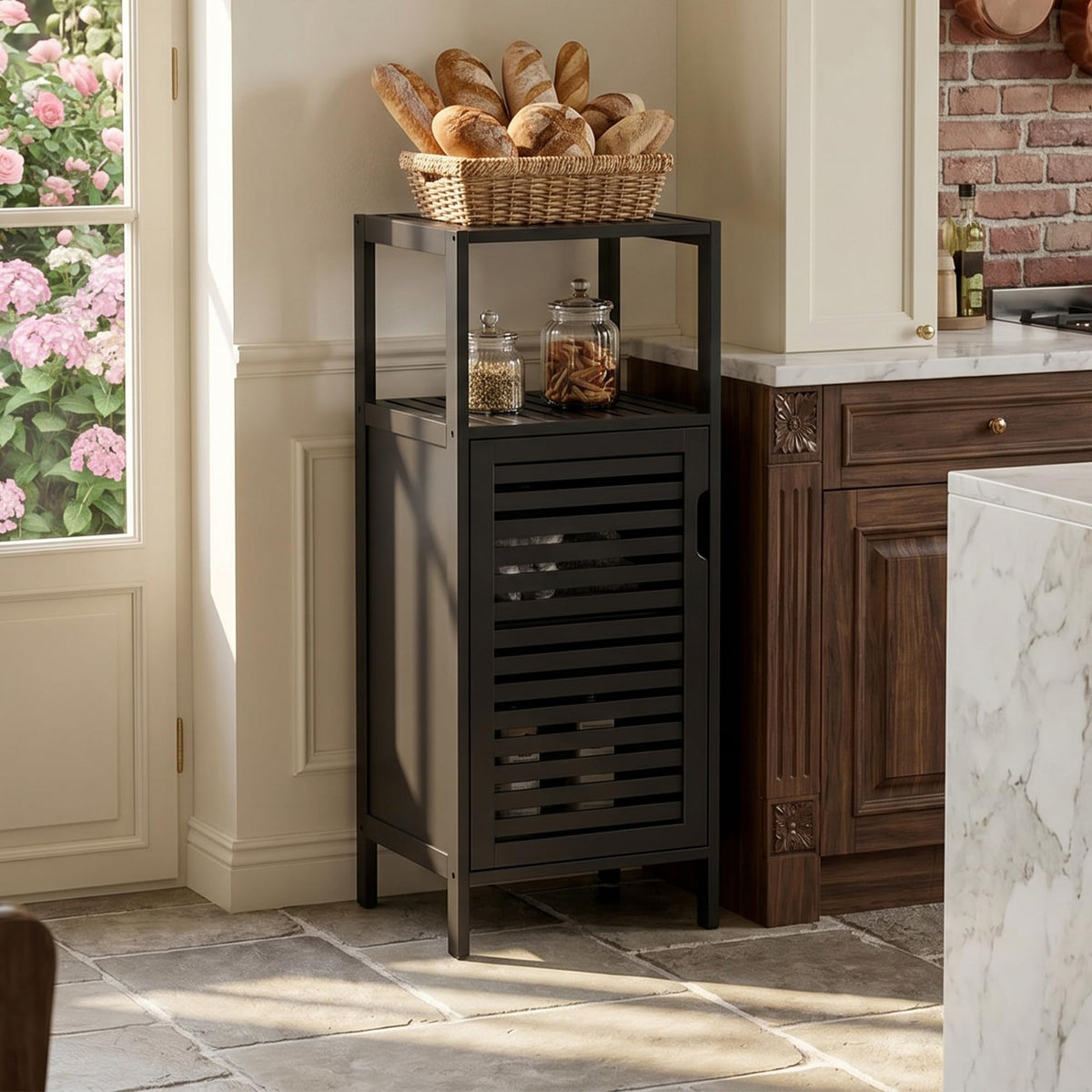 Hitnet bamboo cabinet side storage demonstrates hidden compartments for tidy bathroom essentials