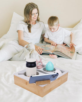 Hitseon couch cup holder tray uses bamboo-silicone construction for durability.