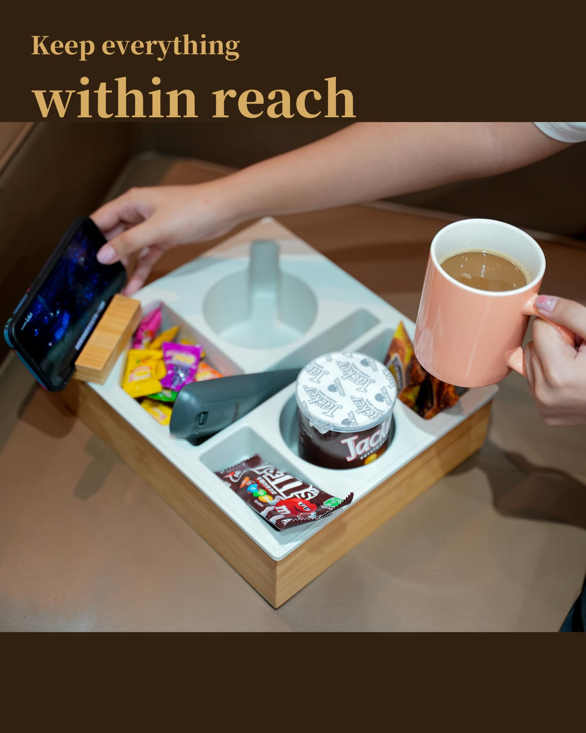 Hitseon couch cup holder tray is easy to clean and portable.