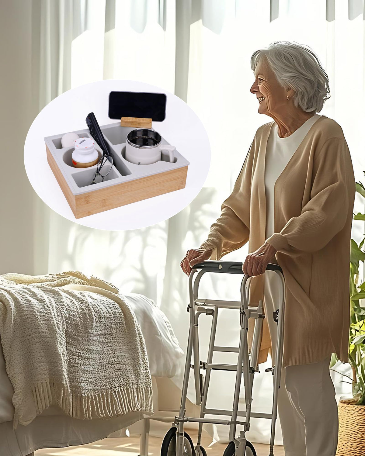 Hitseon couch cup holder tray features non-slip pads to prevent slips.