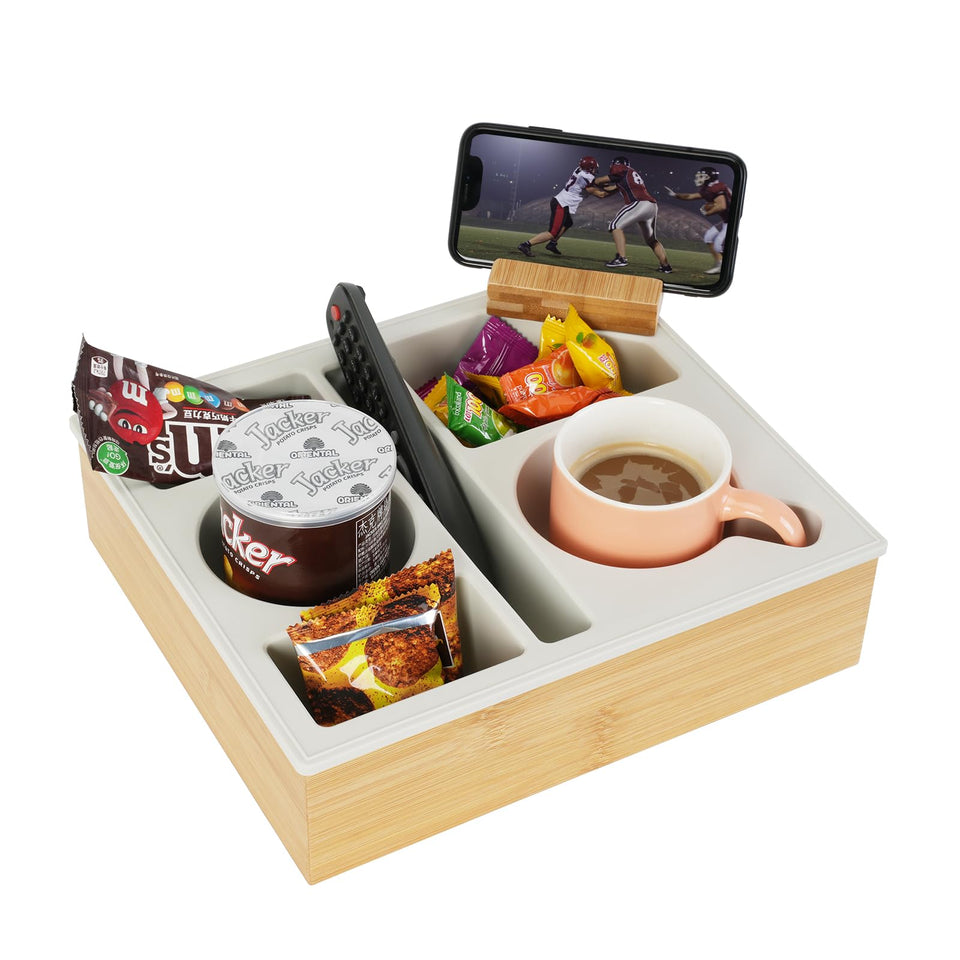 Hitseon couch cup holder tray with rotatable bracket for flexible viewing angles.