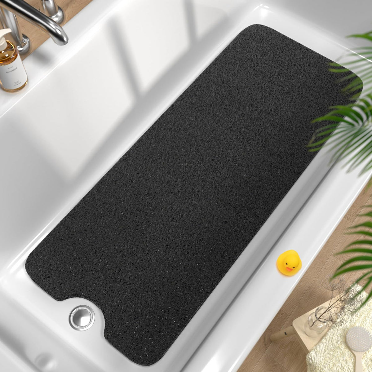 HITSLAM non-slip bathtub mat 40x16 shows secure placement without suction cups.