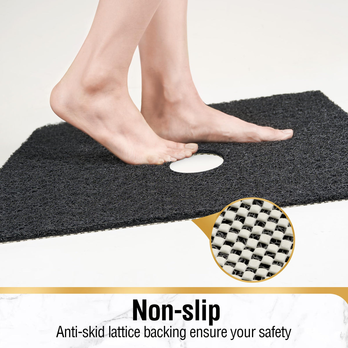 Soft PVC loofah mat provides gentle foot massage and exfoliation.