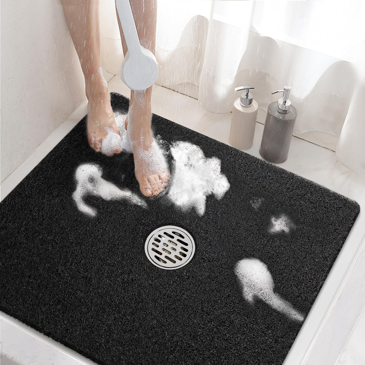 HITSLAM square shower mat 24x24 with anti-slip surface for secure tub footing.