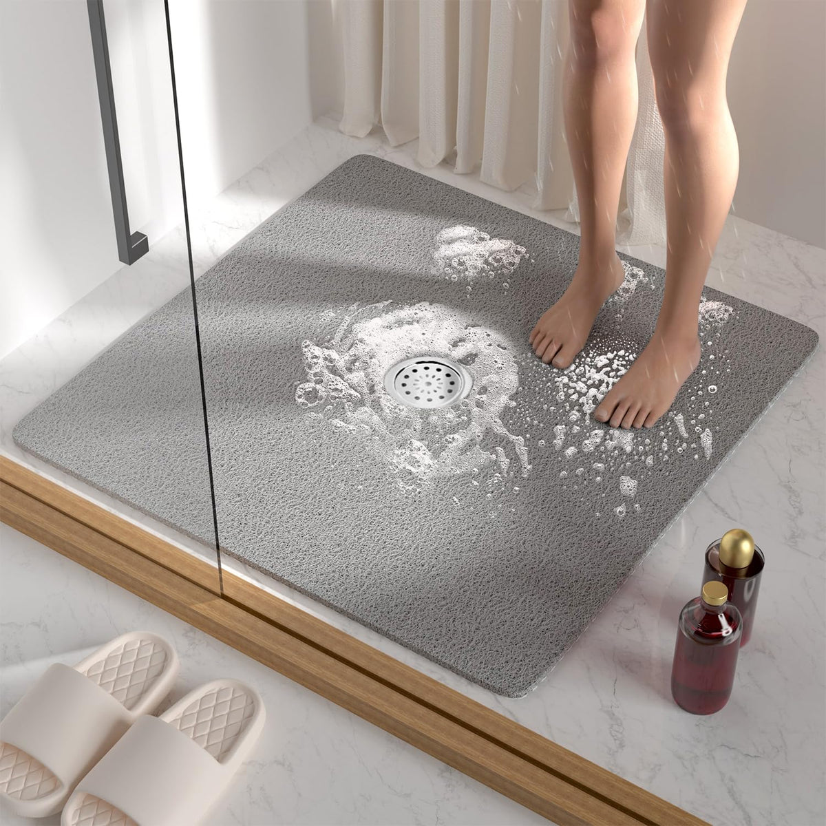 HITSLAM square shower mat with central drain hole supports fast water drainage in the tub