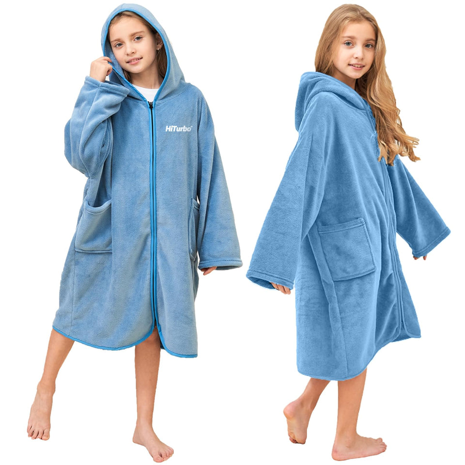 Hiturbo blue kids bath towel hoodie front view for quick warm changes