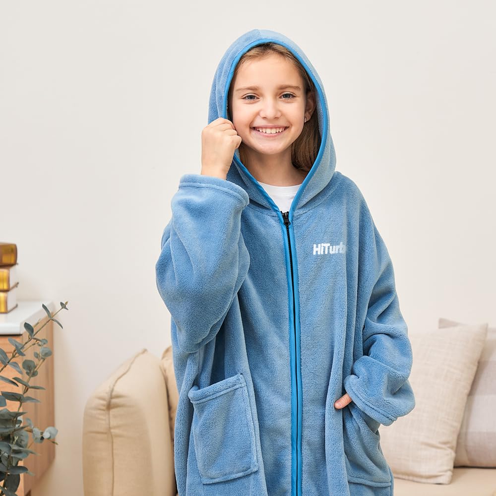 Hiturbo blue towel hoodie worn indoors as wearable blanket