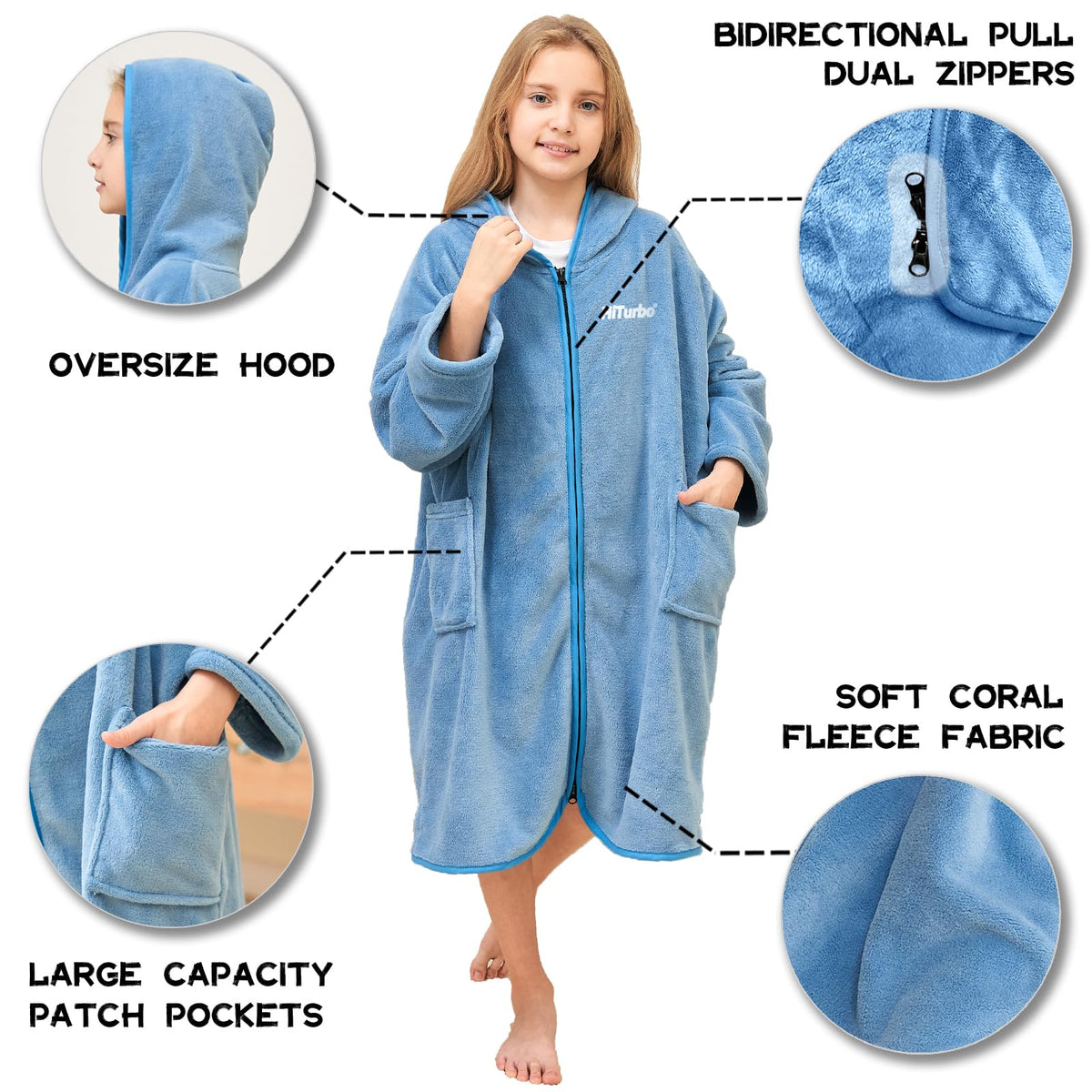Hiturbo blue towel hoodie pockets for small items outdoors