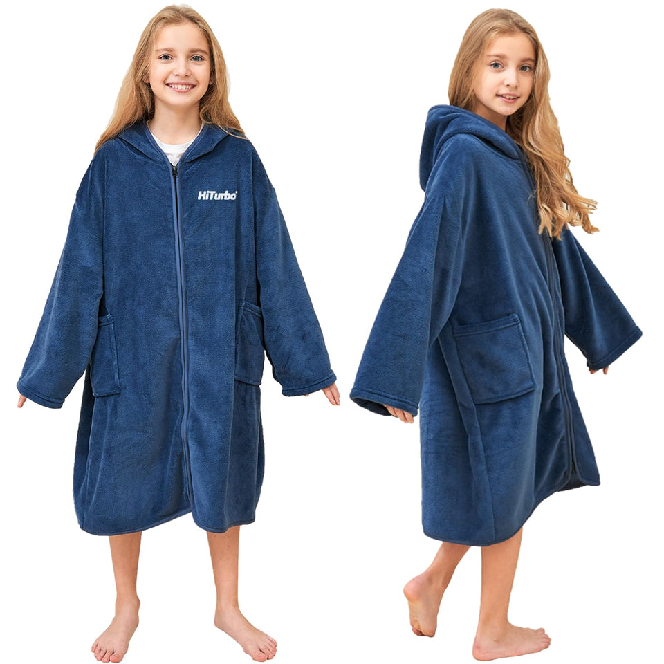 Hiturbo kids bath towel hoodie navy worn by child after swimming for easy changing