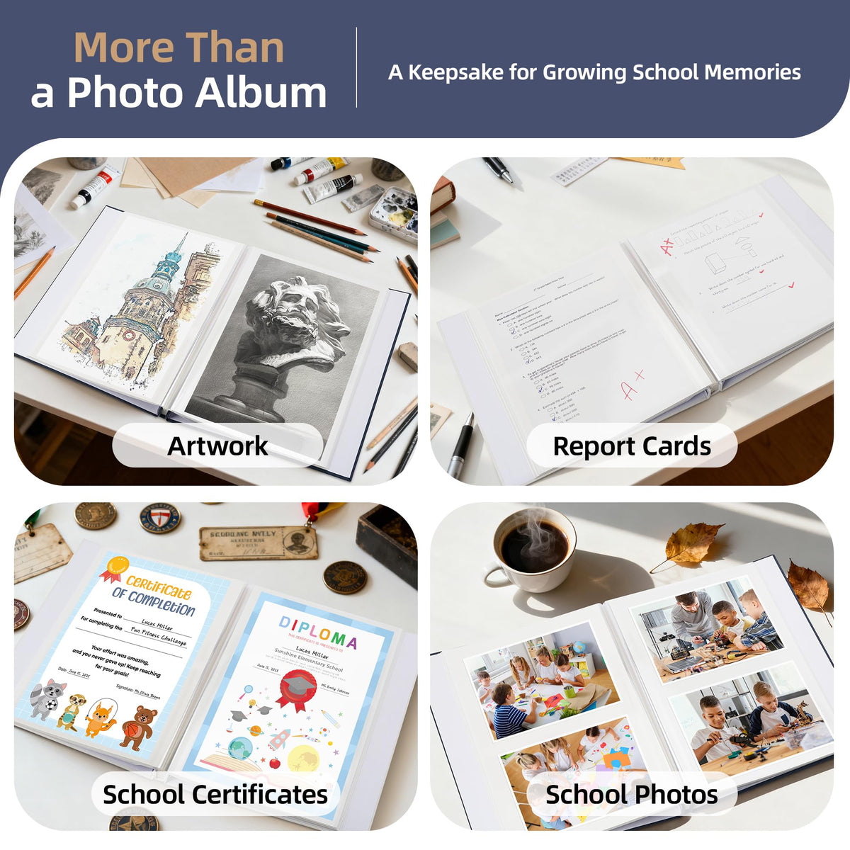 Hiwhy memory book in use shows quick photo placement without glue.