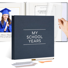 Hiwhy School Years Memory Book cover in gray-blue linen adds durable style.