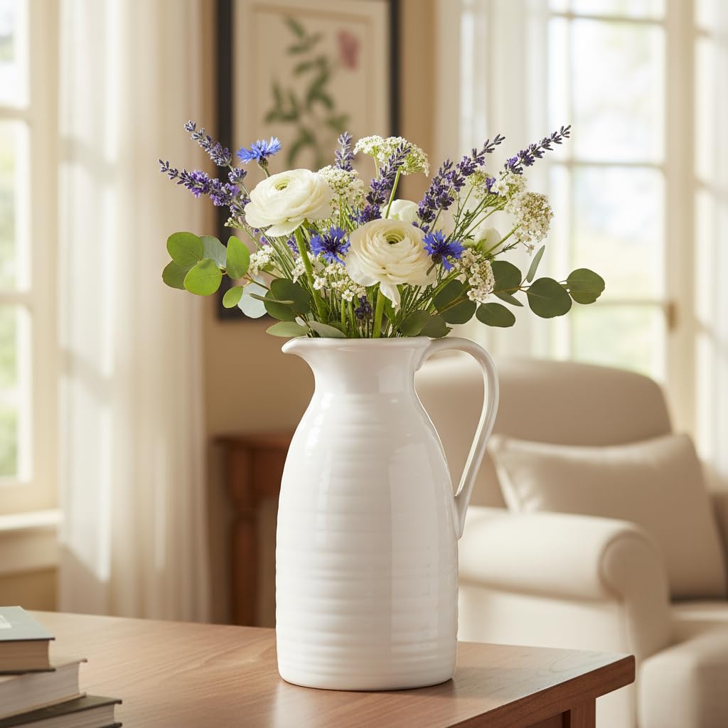 hjn Farmhouse Pitcher Vase with fresh flowers brightens the living room