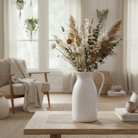 hjn Farmhouse Pitcher Vase on a bookshelf adds elegant charm