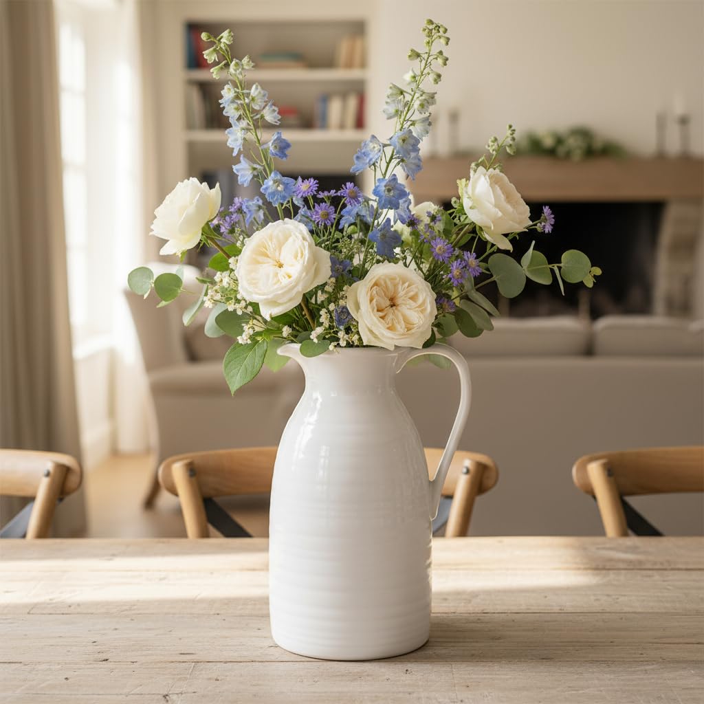 hjn Farmhouse Pitcher Vase on mantel adds rustic decor accent