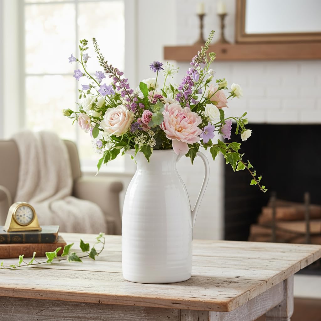 hjn Farmhouse Pitcher Vase displayed as a table centerpiece with faux greenery