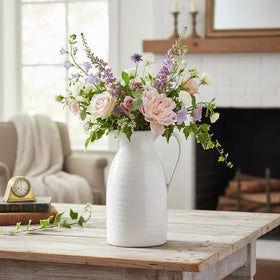 hjn Farmhouse Pitcher Vase displayed as a table centerpiece with faux greenery