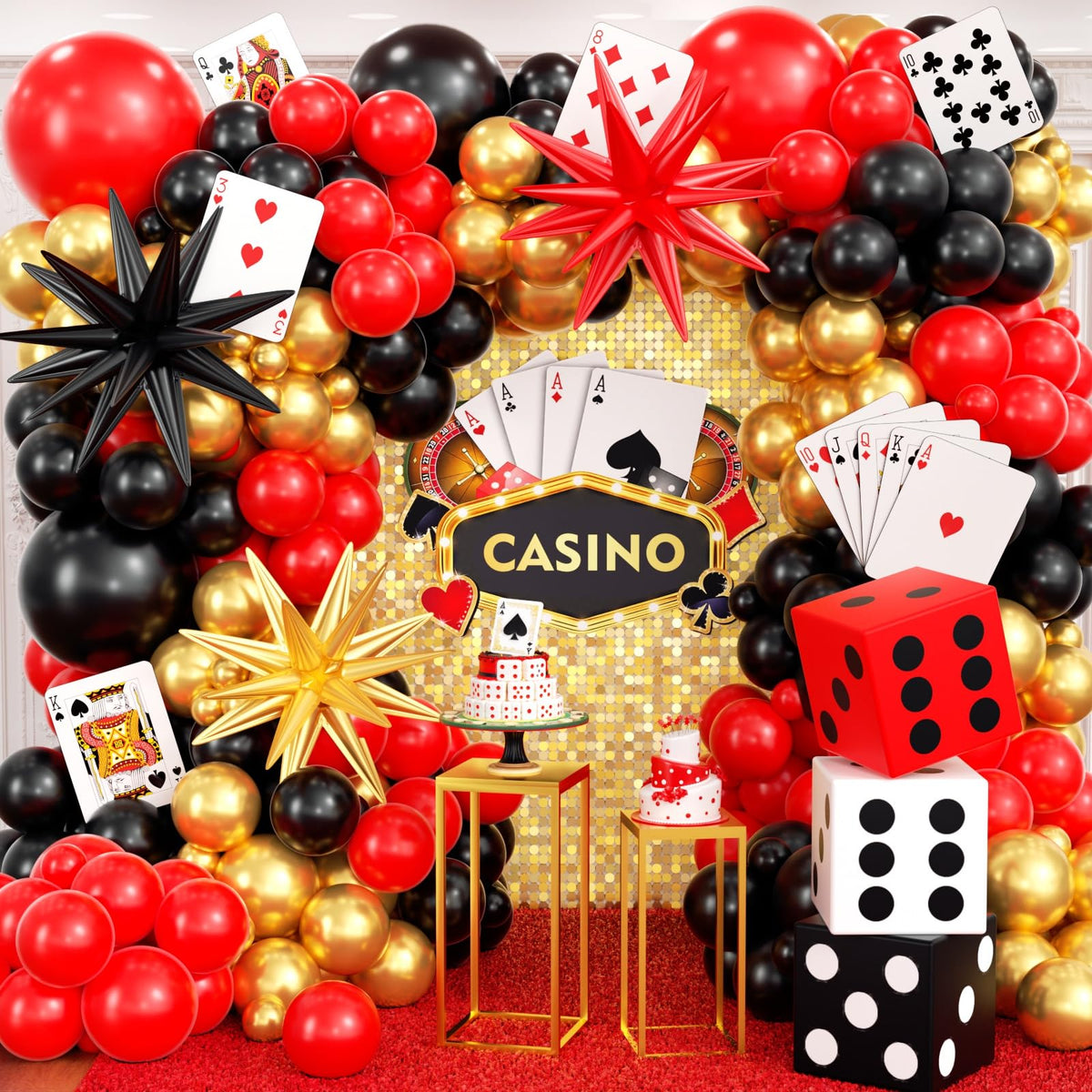 HKYOOD casino arch balloon strip creates a dramatic centerpiece for birthday or game night