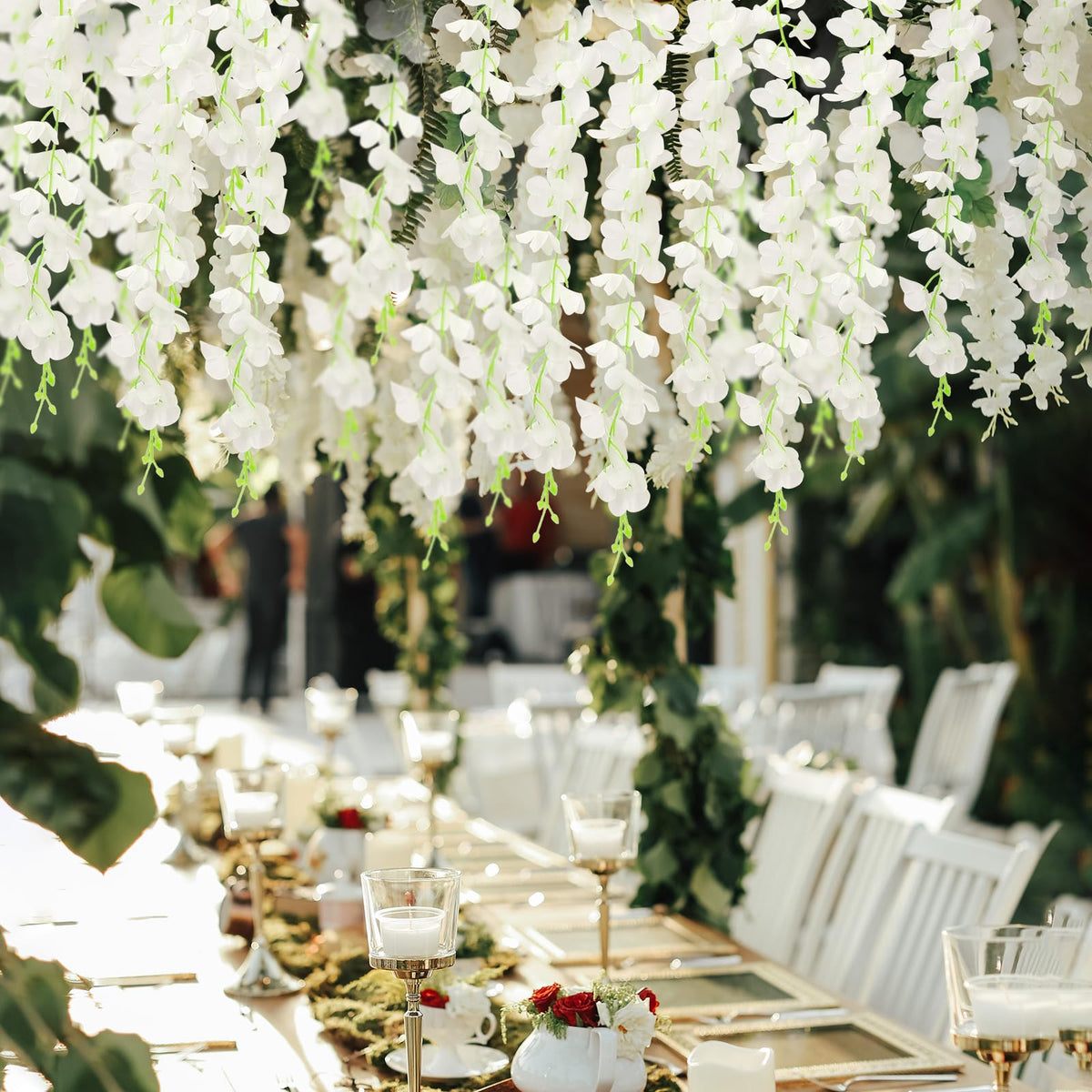 HLAONU garden backdrop with white wisteria vines for elegant spaces.