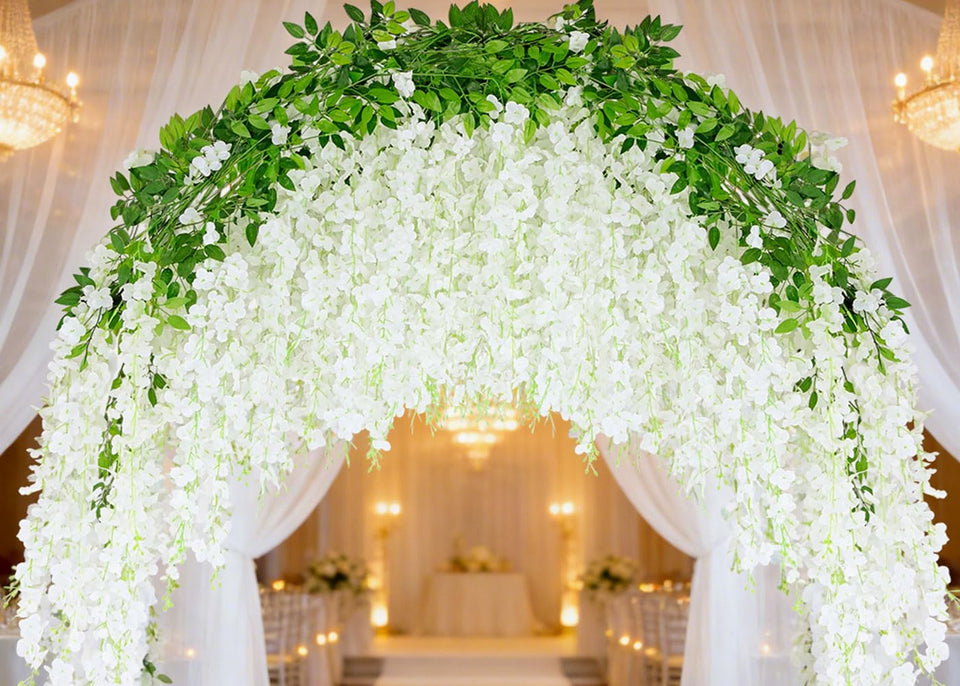HLAONU white wisteria hanging flowers in a 50-piece assembly for elegant draping.