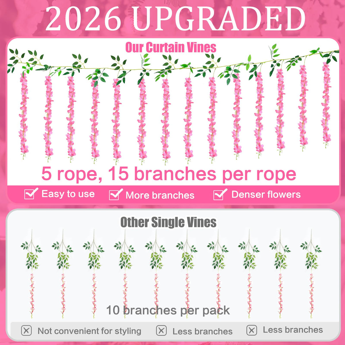HLAONU pink wisteria silk blooms with detailed branches for close-up decor