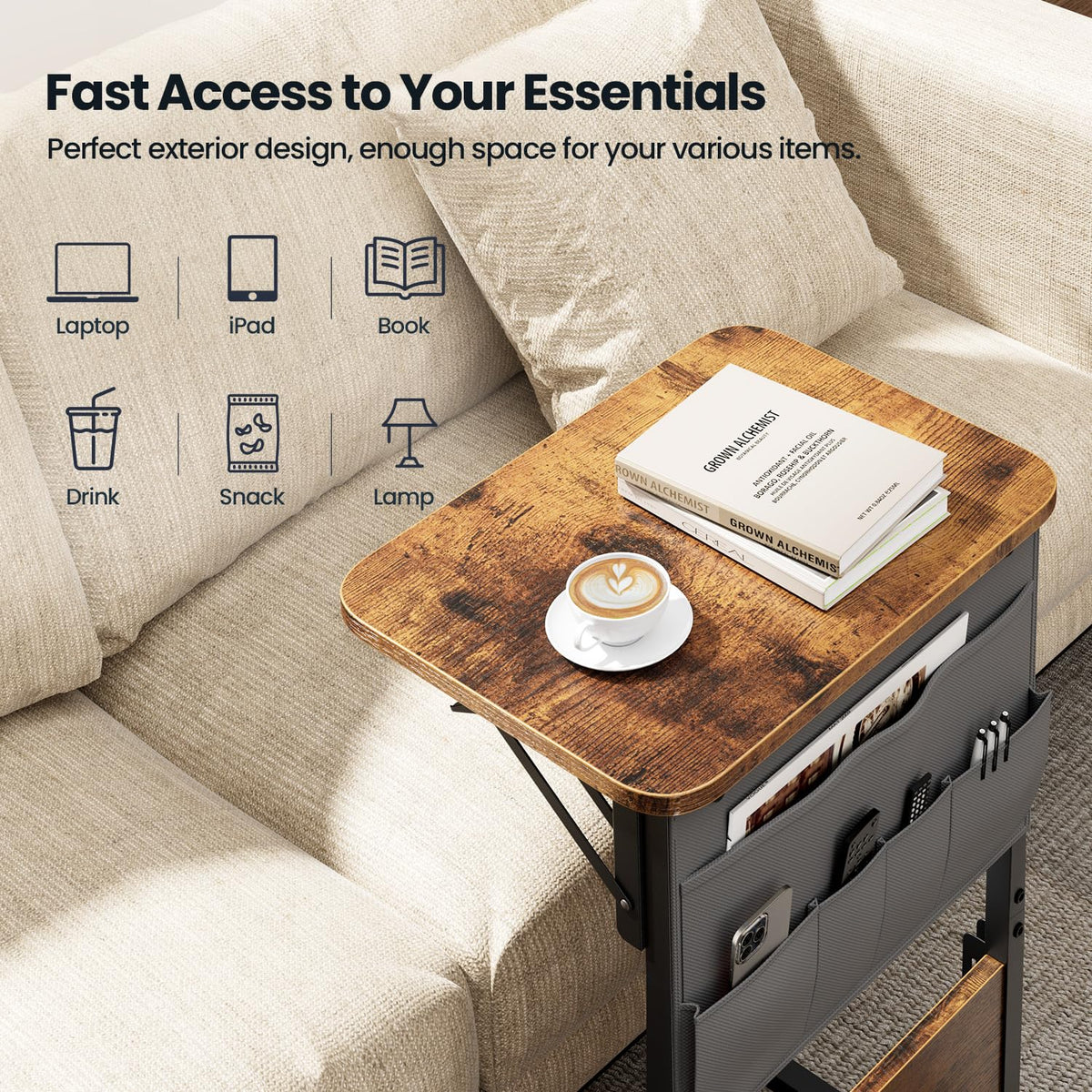 HLDIRECT end table folded under sofa demonstrates space-saving design