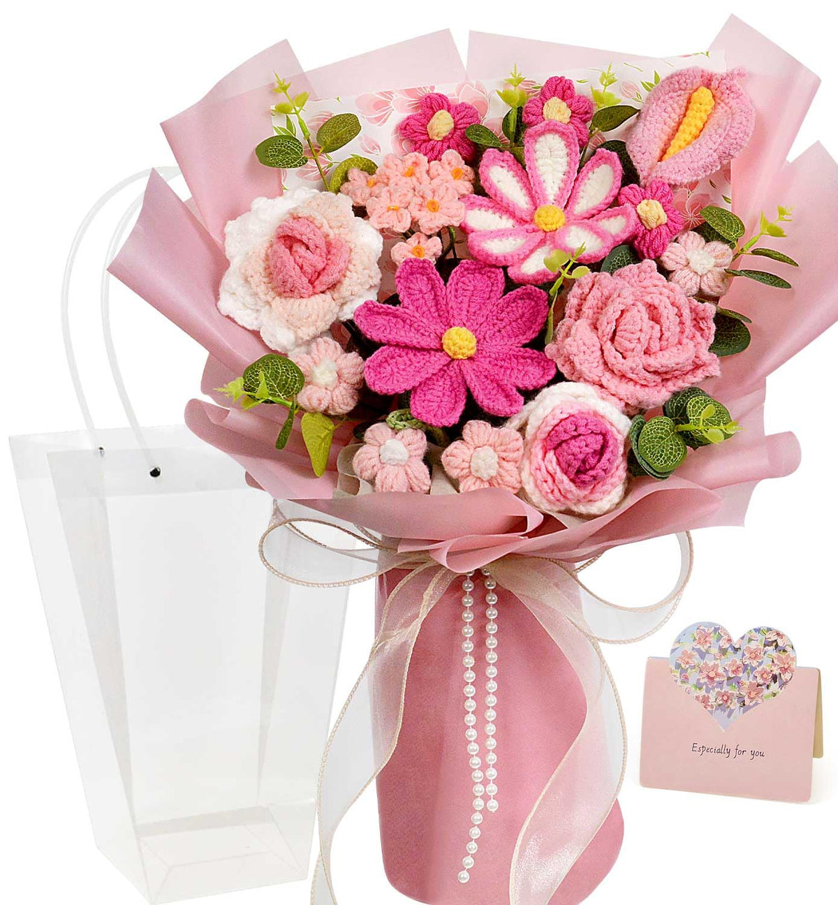 Hlenbin crochet flower bouquet full view pink keepsake for celebrations