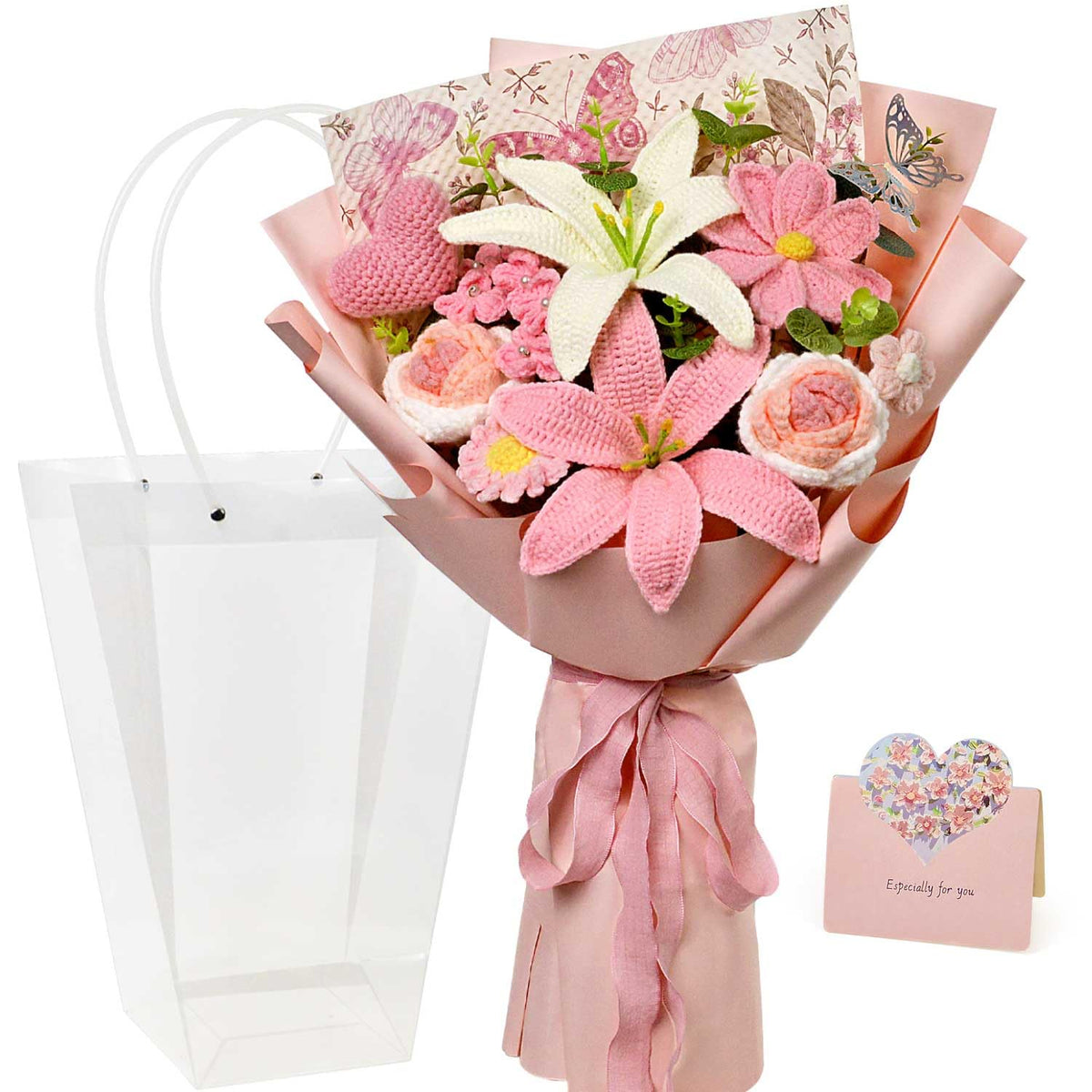 Hlenbin crochet lily bouquet style2 pink — elegant wedding decor and keepsake.