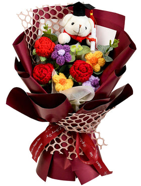 Hlenbin crochet graduation bouquet with bear and sunflowers, a ready-to-gift keepsake.