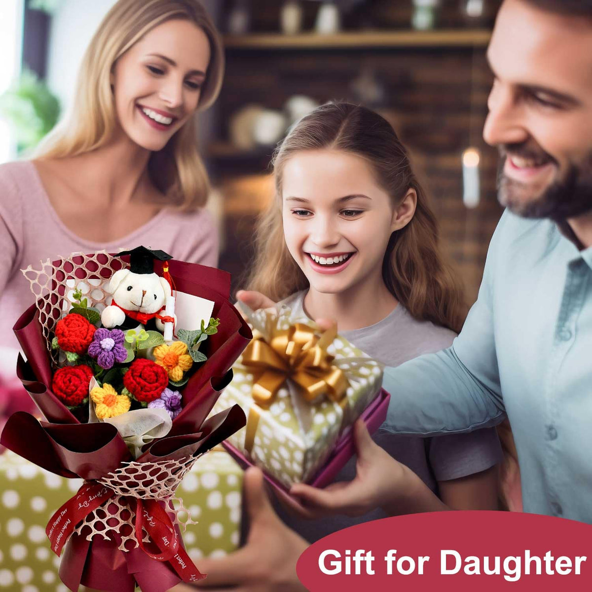 Hlenbin graduation bouquet showing included message card for gifting.