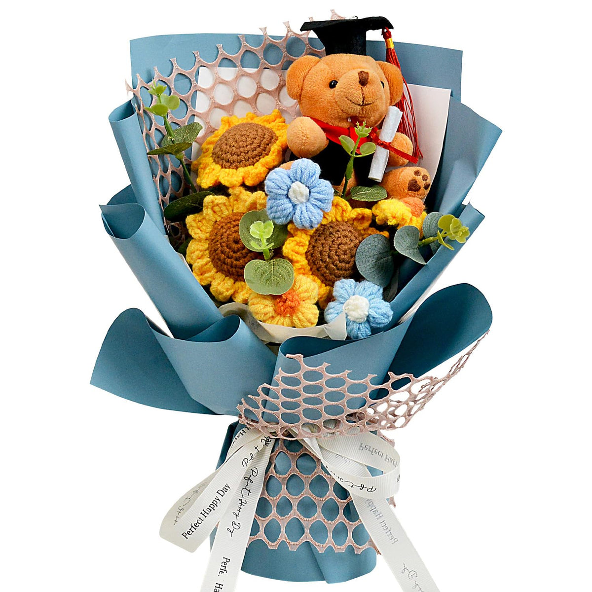 Hlenbin graduation crochet bouquet with bear and sunflowers, ready to gift