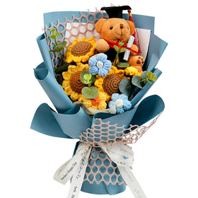 Hlenbin graduation crochet bouquet with bear and sunflowers, ready to gift