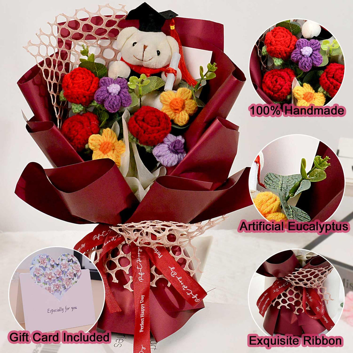 Hlenbin teacher appreciation crochet bouquet with bear accent.