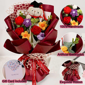 Hlenbin teacher appreciation crochet bouquet with bear accent.