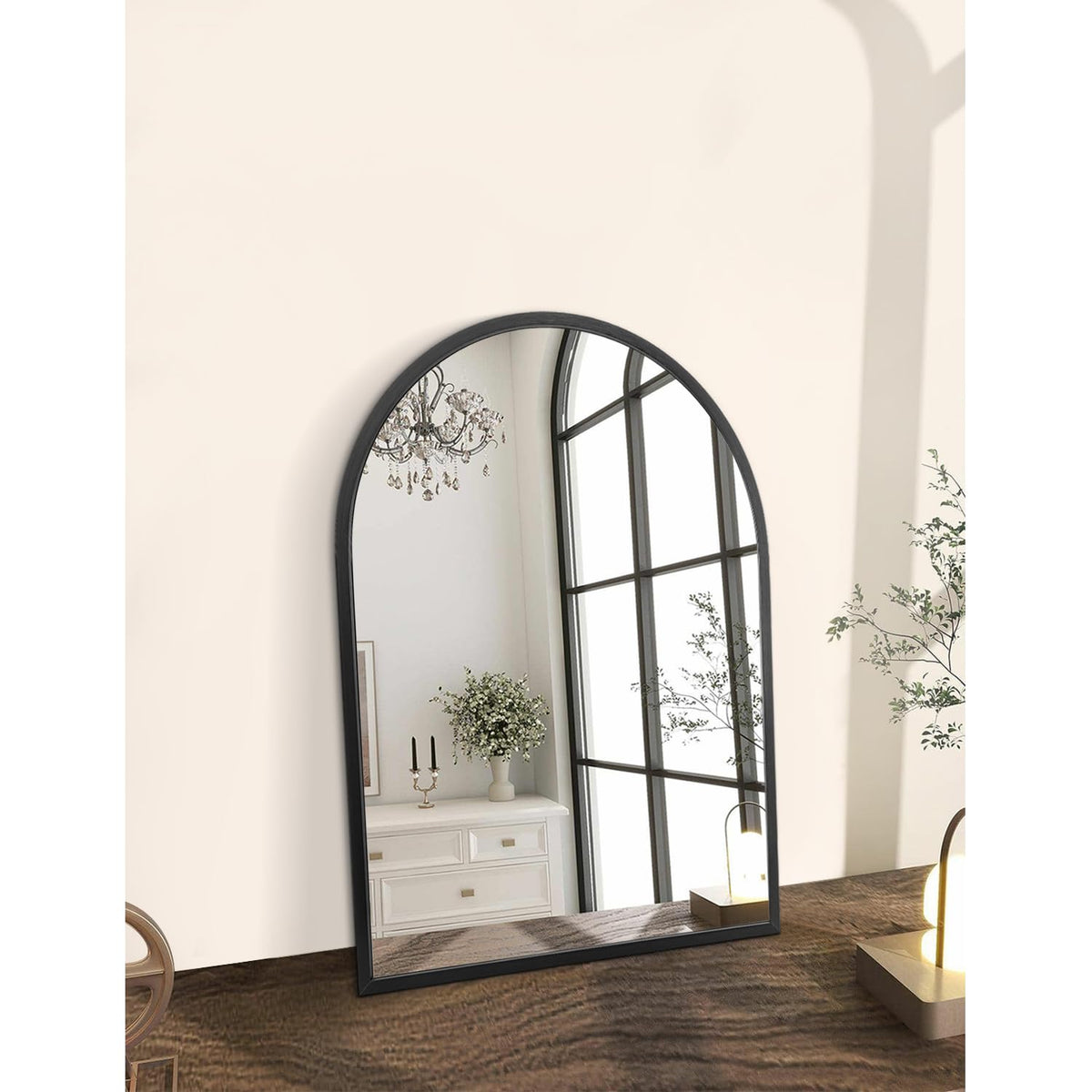 HLFMVWE arch wall mirror with brushed metal frame enhances modern decor