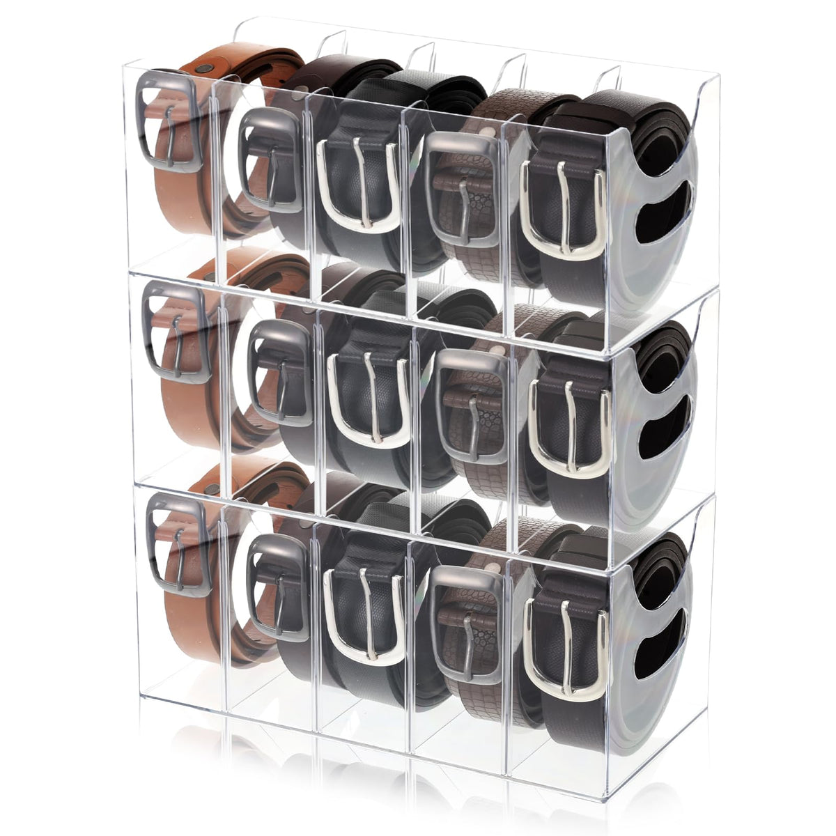 Hlimior 3-pack belt organizer in clear acrylic fits in drawers for easy access.