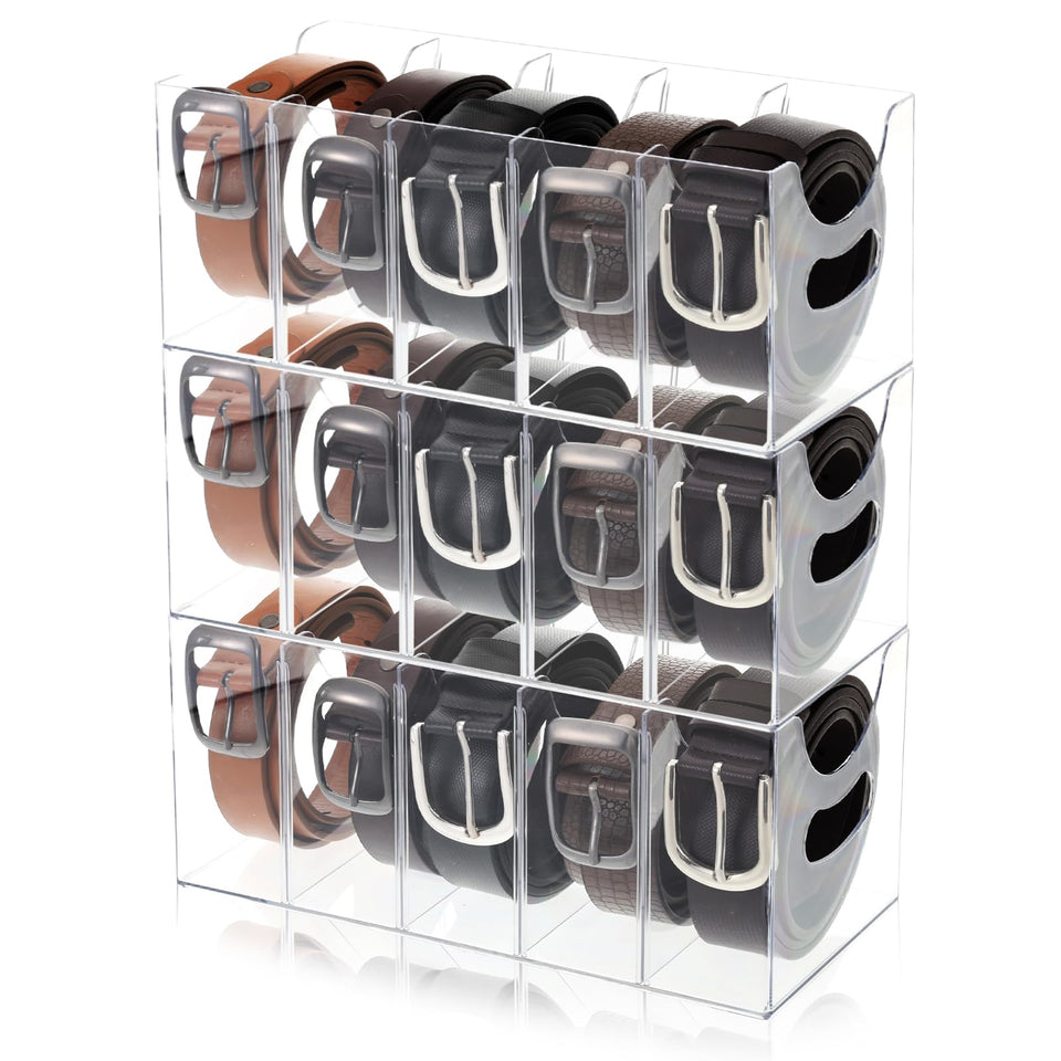 Hlimior 3-pack belt organizer in clear acrylic fits in drawers for easy access.
