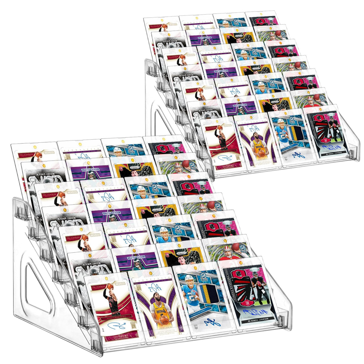 Hlimior 7-tier acrylic card display stand showcasing trading cards neatly.