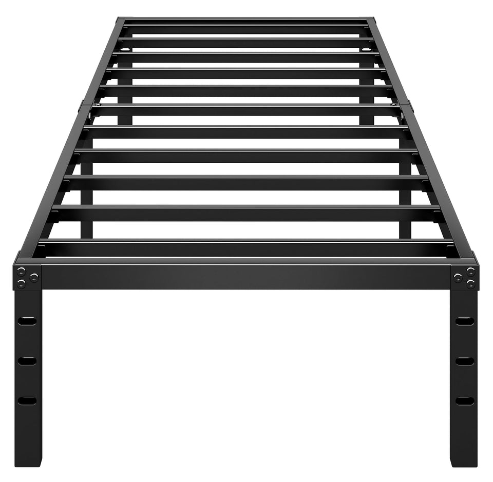 HLIPHA metal platform bed front view shows sleek lines, ideal for modern bedrooms with solid support.