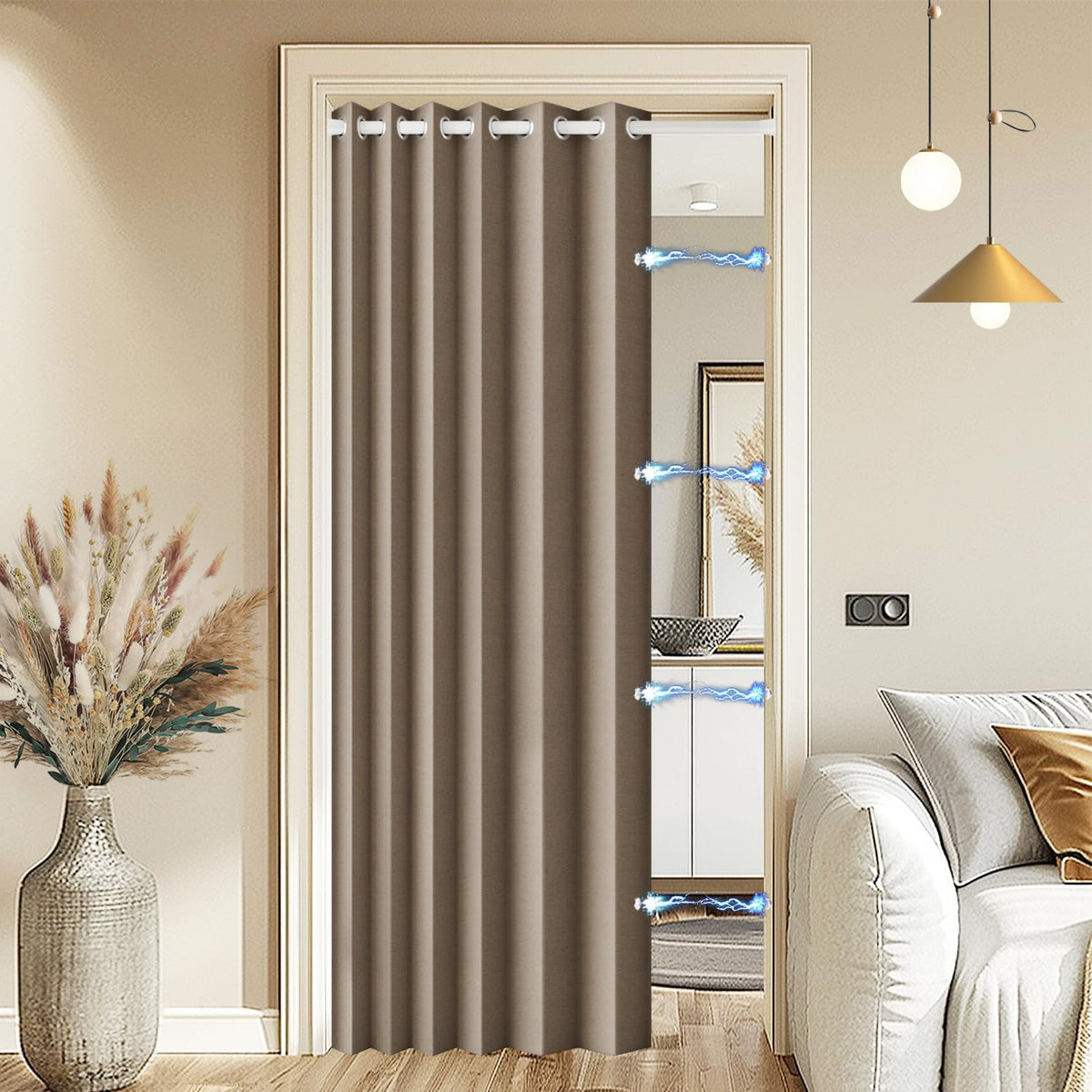 HMYI blackout curtain fabric close-up showing premium faux linen texture for privacy.