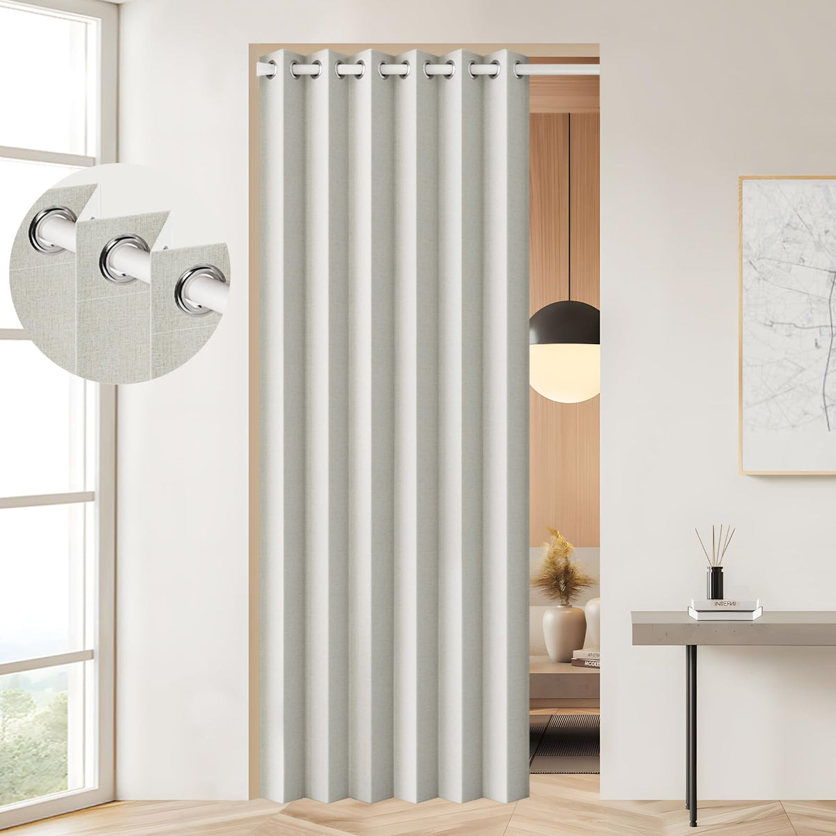 HMYI blackout door curtain closeup with natural pleated fabric offering enhanced privacy.