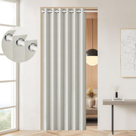 HMYI blackout door curtain closeup with natural pleated fabric offering enhanced privacy.
