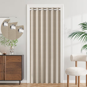 HMYI blackout door curtain panel in tan for doorway privacy and space separation.