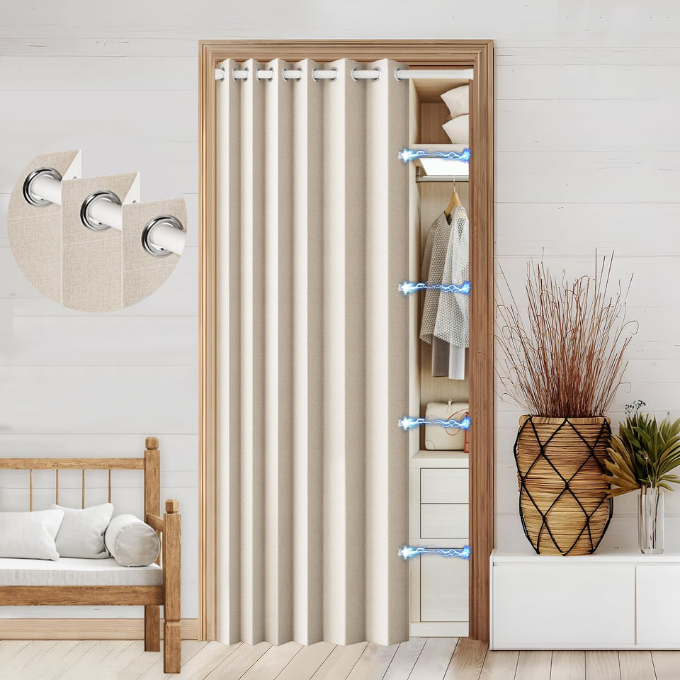 HMYI blackout doorway curtain in sand blocks light and enhances privacy.