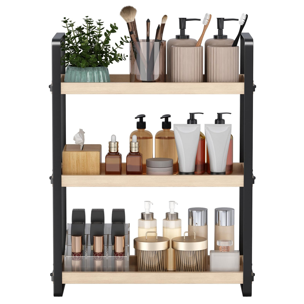 HNRLOY Burlywood 3-Tier organizer shows compact, space-saving design for small bathrooms.