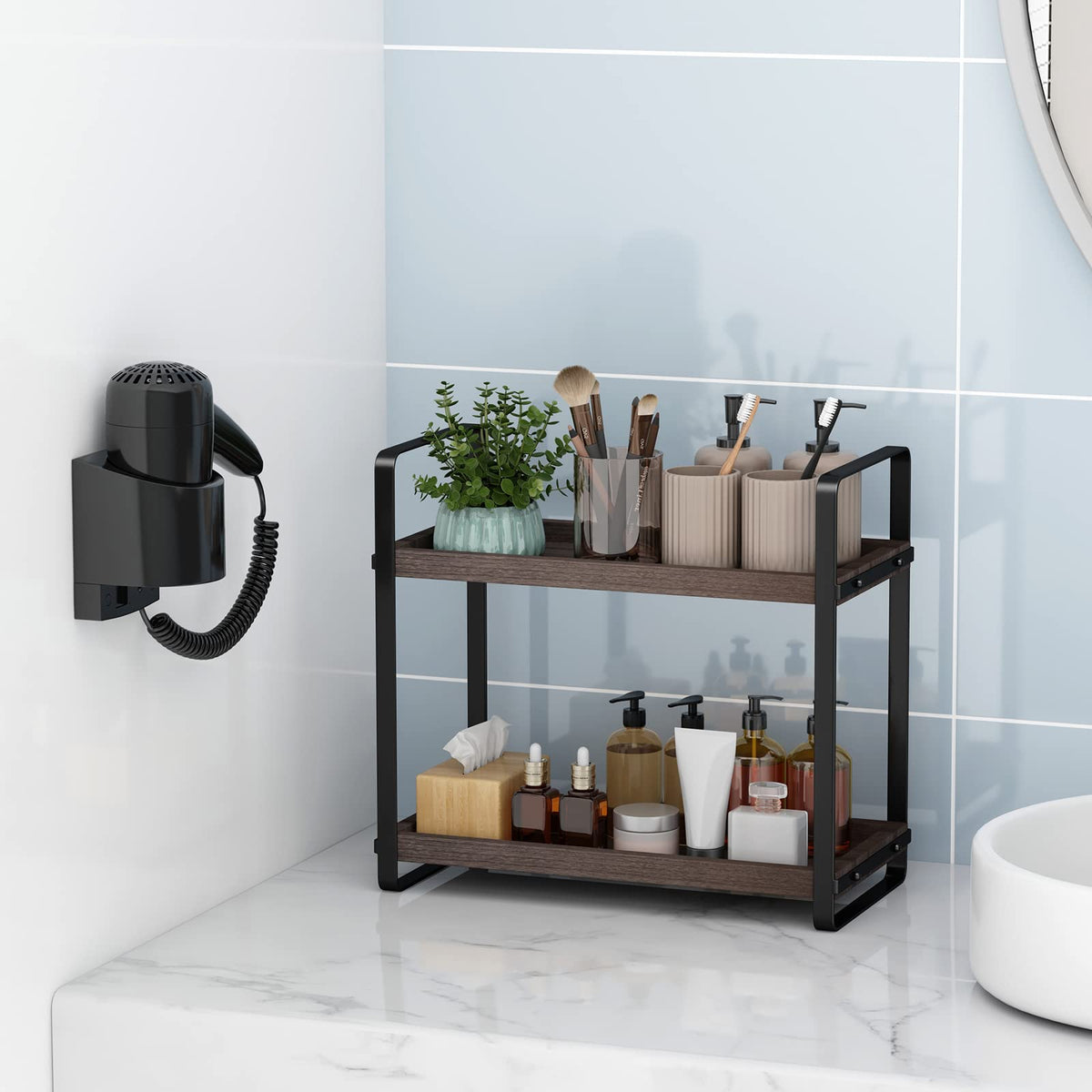 HNRLOY toothbrush and toiletries organized on a sturdy counter