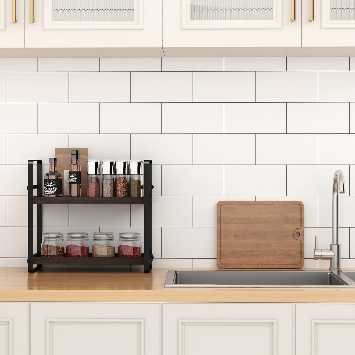 HNRLOY two-tier adjustable shelves shown holding cosmetics and toiletries