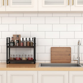 HNRLOY two-tier adjustable shelves shown holding cosmetics and toiletries