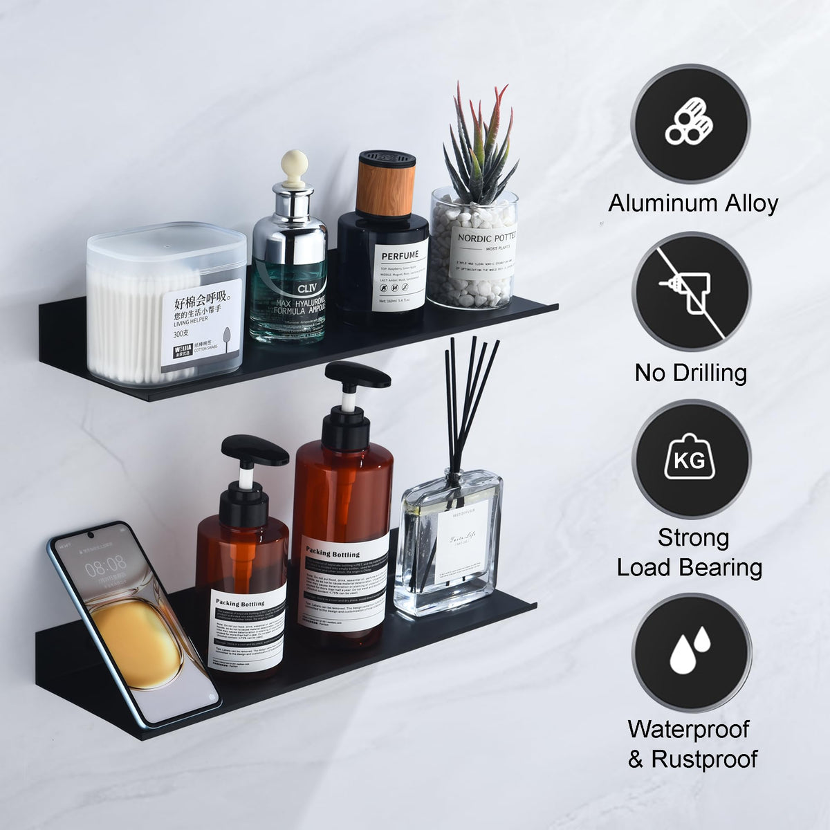 HNVNER adhesive shower caddy panels stabilize toiletries in humid bathrooms.